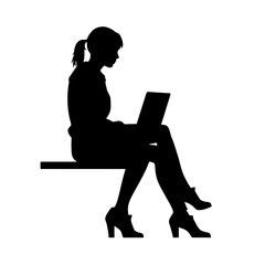 Office worker. Businesswoman is sitting at the desk and working on the laptop.    Silhouette  isolated on white.