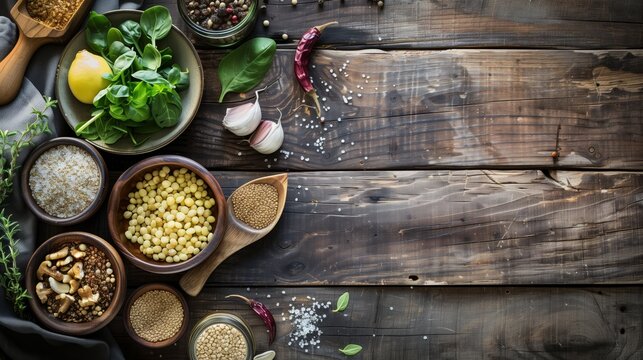 Healthy food ingredients displayed on a rustic wooden table