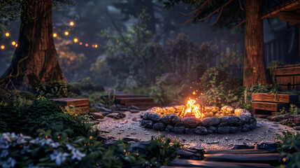 A burning fire pit at night in a forest