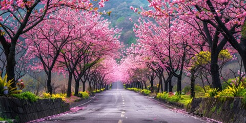  A beautiful sight of cherry blossoms fluttering, a road full of cherry blossom trees