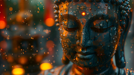 Close up Head of Buddha Statue, Bouddhisme et bien-être, ai generated