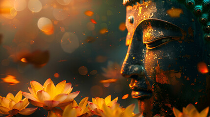 Close-up Buddha Face with golden lotus Flowers, Buddha Head in Pond with Golden Flowers, Candles, Generative AI