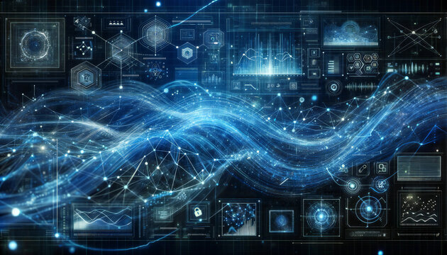 Abstract blue technology background featuring digital waves, dynamic network system, artificial neural connections and cyber quantum computing.