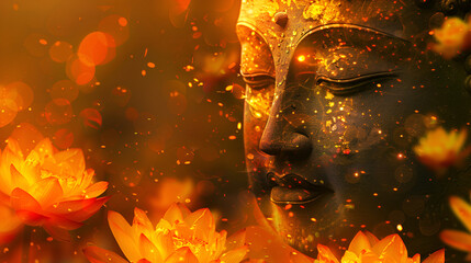 Close-up Buddha Face with golden lotus Flowers, Buddha Head in Pond with Golden Flowers, Candles, Generative AI