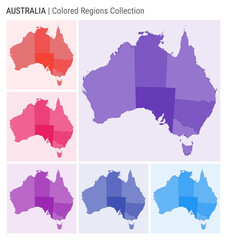 Obraz premium Australia map collection. Country shape with colored regions. Deep Purple, Red, Pink, Purple, Indigo, Blue color palettes. Border of Australia with provinces for your infographic. Vector illustration.
