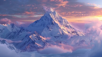 Naklejka na ściany i meble Mountain peak blanketed in snow at dawn