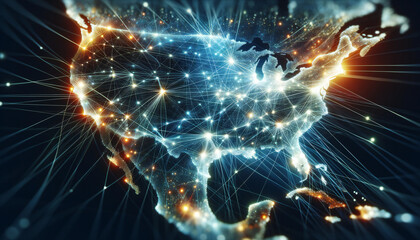 Abstract digital map. focus on American global network and connectivity, data transfer and cyber technology.