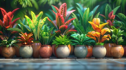 Fototapeta premium Potted plants, flowers, grass, 3D icons on a light background.