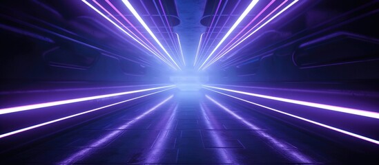Obraz premium A futuristic tunnel illuminated by vibrant purple lights, creating a neon glow along the reflective concrete walls of the underground corridor.
