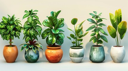 Potted plants, flowers, grass, 3D icons on a light background.