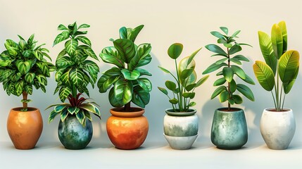 Obraz premium Potted plants, flowers, grass, 3D icons on a light background.