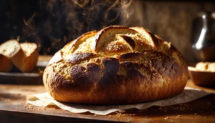 Crédence de cuisine en plexiglas Boulangerie Freshly baked bread with sesame seeds on a wooden board. ai generative