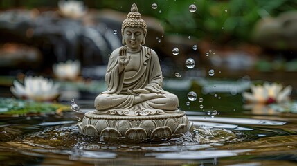 A statue of Buddha meditating on the slightly undulating surface of the water. Surrounded by blooming lotus flowers and looking calm and relaxed, meditation