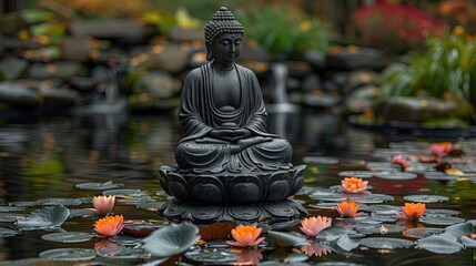 A statue of Buddha meditating on the slightly undulating surface of the water. Surrounded by blooming lotus flowers and looking calm and relaxed, meditation