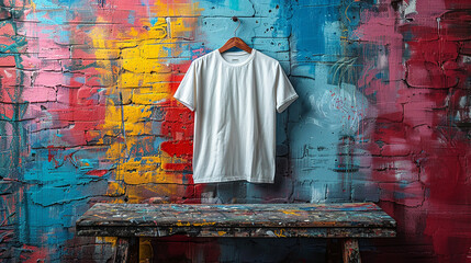 A single T-shirt showcased against a vibrant graffiti-covered wall, adding an urban and edgy flair...