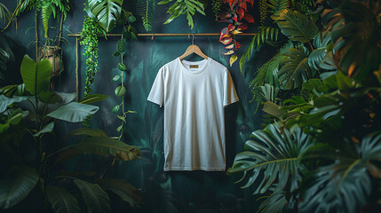 A single T-shirt showcased in front of a lush greenery background, creating a fresh and natural vibe for a sustainable fashion display.