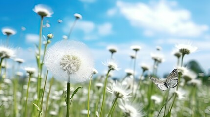 Obraz premium White dandelion on green meadow and blue sky with clouds