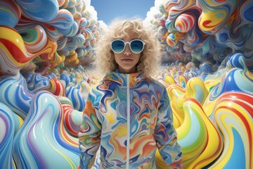 Surreal colorful landscape with person in vibrant jacket