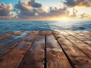 Wooden Pier Overlooking Serene Ocean Sunset. Display and Copy Space
