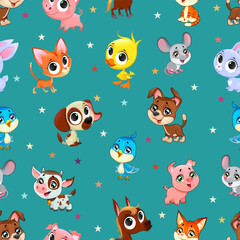 Cartoon animals, cute birds, animals, dogs, cats, pigs, cow, horse, bunny, mouse, seamless pattern, children's pattern, creative children's texture, print, for fabric, packaging, textiles, wallpaper