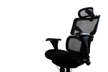 A black mesh office chair with armrests and a headrest. The chair is on a white background.