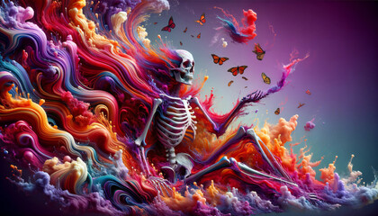 Skeleton in DMT style with colorful flowers Fluid fragments, morphing seamlessly between an array of abstract crimson-purple compositions.