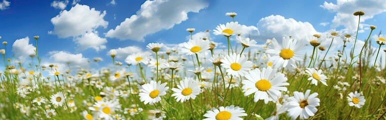 Fototapeta premium Banner, field of daisies on a background of blue sky with clouds