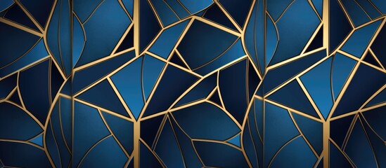 A modern geometric wallpaper design in shades of blue and gold fills the space with intricate patterns and shapes, ideal for interior decoration, printed materials, and themed invitations.