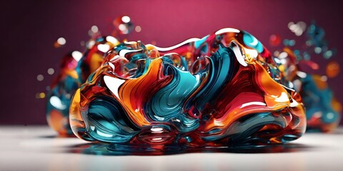 The close up of a glossy liquid surface abstract in navy blue, golden yellow, and deep red colors with a soft focus in a colorful drops background ai generative