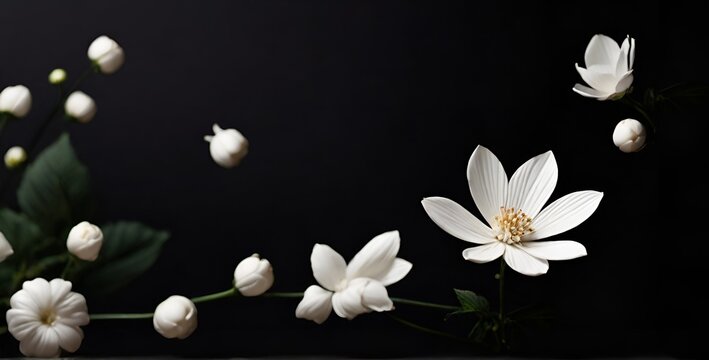 A beautiful arrangement of white Lilly flowers an green levees on a contrasting black background ai generative