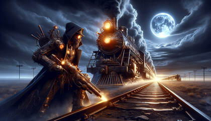Illustration representing person and a steam locomotive in surreal steampunk landscape with moonlit night. - obrazy, fototapety, plakaty