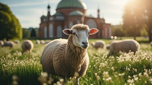 Sheep in the meadow in front of a church in the mountains