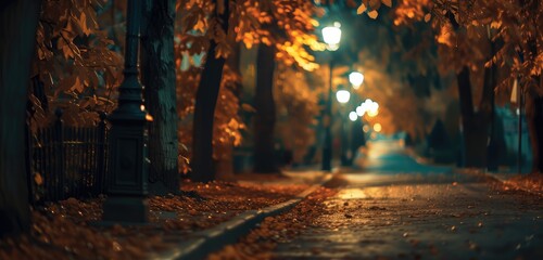 Tranquil Autumn Evening on a Lit Street