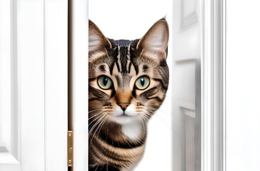 The tricolor cat looks out of the room in the doorway of the white