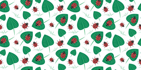 Seamless pattern with Ladybug and green leaves. vector illustration