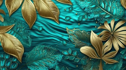 3d illustration, abstract background with gold and turquoise flowers