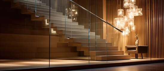 A luxurious glass staircase in a hotel with a wooden wall features a stunning chandelier hanging from it, creating an elegant and sophisticated atmosphere.