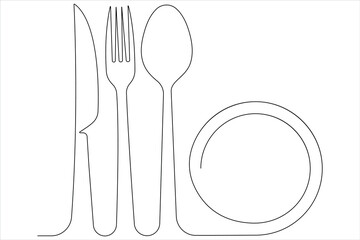 Continuous single line art drawing of food tools for plate, knife, spoon and fork vector illustration
