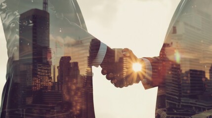 Multiple exposure shot of businesspeople shaking hands over city Building