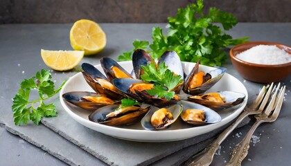 mussels on a plate with a fork, Delicious seafood mussels with sauce and fresh parsley. Traditional Spanish dish. Mediterranean diet, healthy food