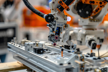 A close-up shot of a robot assembling components for a new space habitat