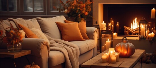 The living room is filled with burning candles in holders, casting a warm glow over the autumn decor scattered on the sofa and around the room.