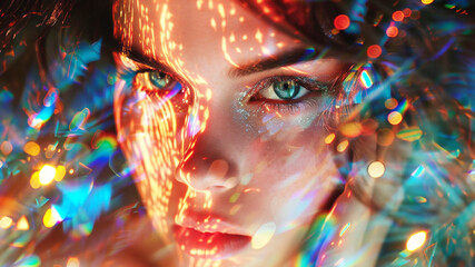 Neon aesthetic portrait of woman.  Magic universe.