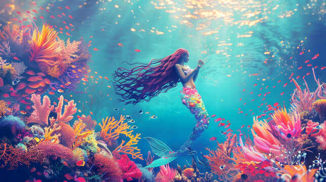 Illustration of  mermaid underwater. Fairy tale concept.