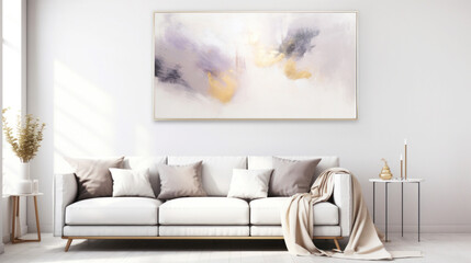 Modern living room interior gray color and abstract painting banner on wall. Minimalist indoor