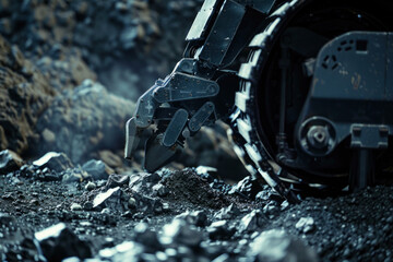 A close-up shot of a robot mining valuable minerals from the surface of an asteroid - obrazy, fototapety, plakaty