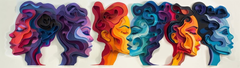 Colorful layered paper art profiles representing human faces in various hues displayed on a white background.