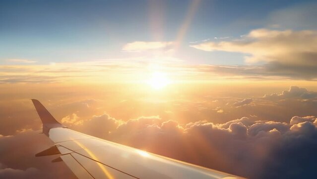 High above the world, on board a private jet, we witness the suns final curtain call, its spectacular rays piercing through the fluffy clouds, creating a memorable and picturesque view.