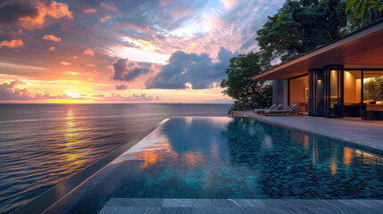 Serene ocean backdrop, villa with sunset infinity pool. - obrazy, fototapety, plakaty
