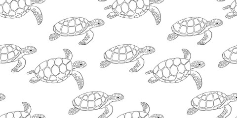 Vector seamless monochrome pattern with swimming turtle isolated on white background. Ocean or sea animal repeat backdrop